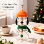 Puppy Glass Cup with Knit Hat Lid & Straw